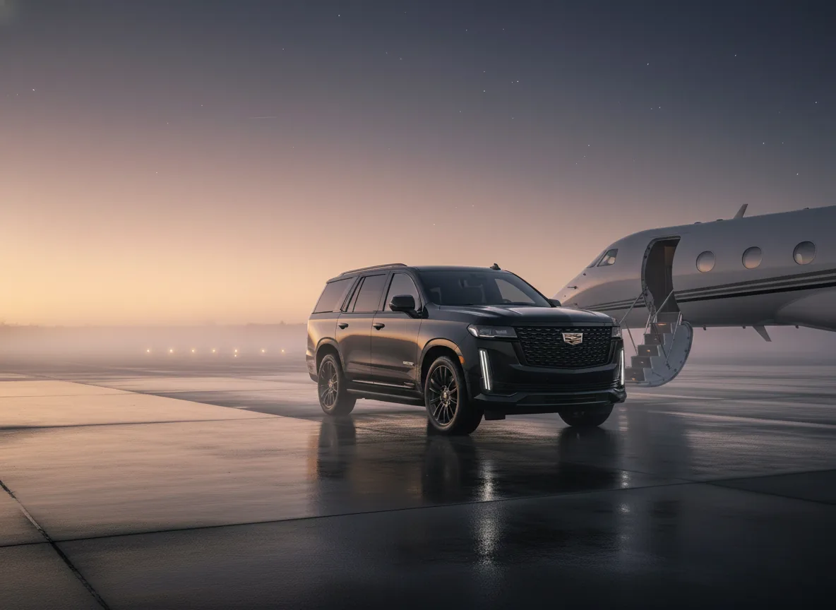 A black Cadillac Escalade waiting on a private FBO tarmac at first light, beside a Gulfstream business jet with airstairs lowered.
