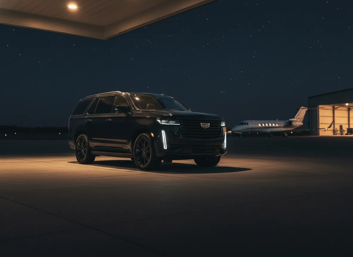 A black Cadillac Escalade beneath the warm canopy lights of a private FBO terminal at night, a jet glowing in the distance.