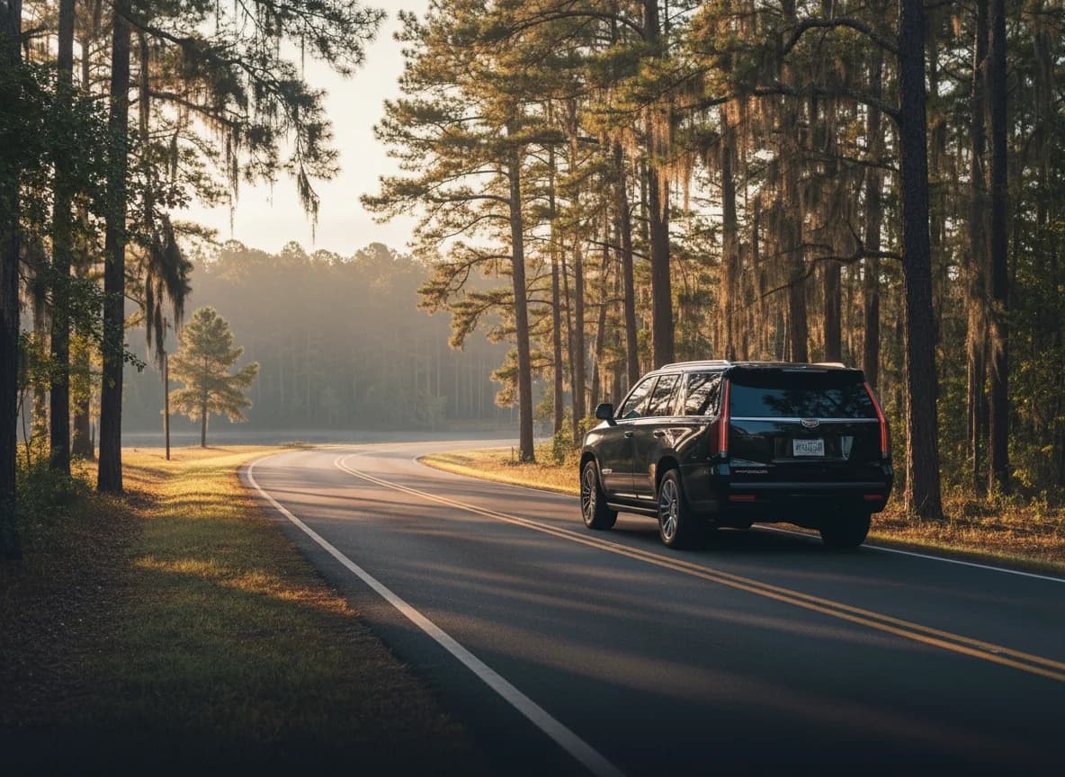 A black Cadillac Escalade traveling along a Georgia pine corridor near Lake Oconee at dawn.