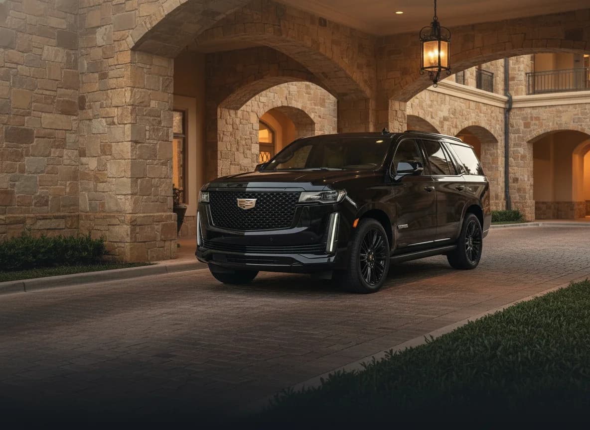 A black Cadillac Escalade waiting under the lit porte-cochère of a stone resort at golden hour.