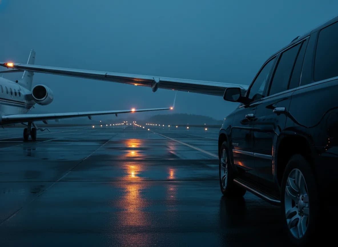 An airfield curbside at twilight, a black sedan paused beside a private terminal.