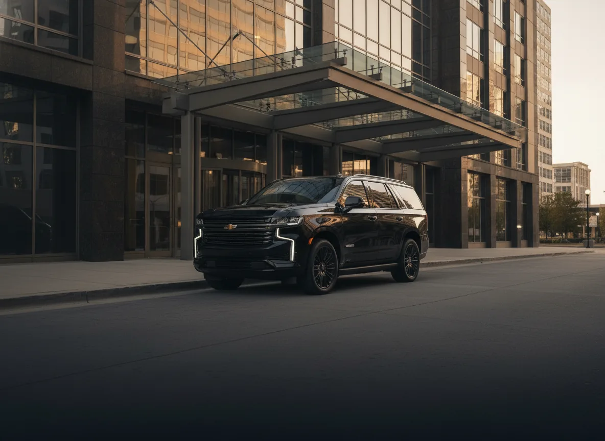 A black Chevrolet Suburban High Country idling at the curb beneath a glass-and-stone porte-cochère of a downtown Atlanta corporate office tower at late afternoon.