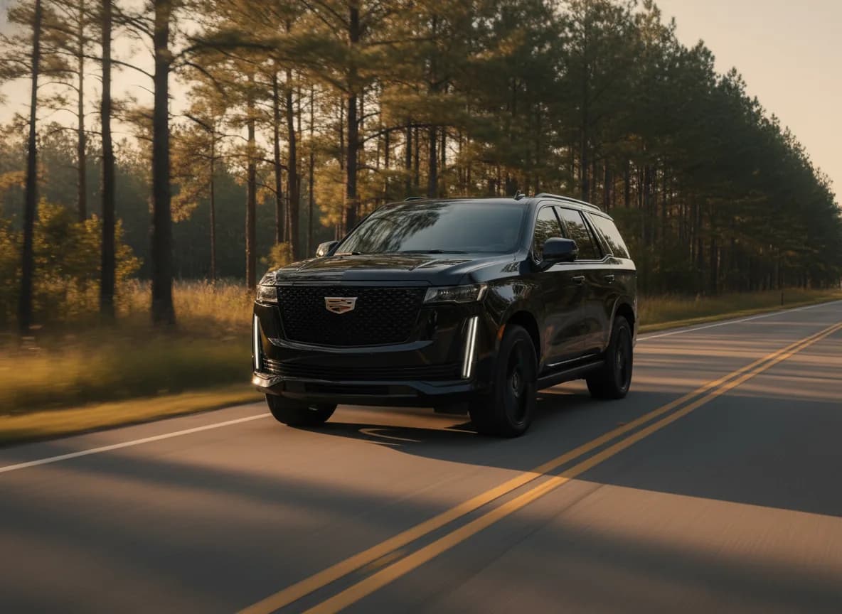 A black Cadillac Escalade Platinum Sport traveling along an open Georgia state-highway corridor at golden hour, rolling pine forests on either side.