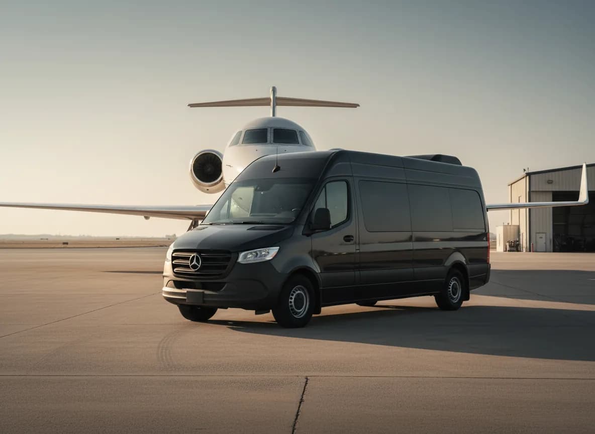 A black Mercedes-Benz Passenger Sprinter parked on a private FBO tarmac at early morning, a Gulfstream-class business jet directly behind it with one wing extending across the upper frame.