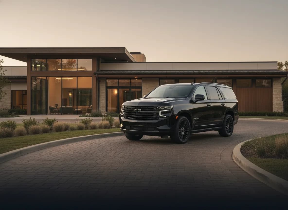A black Chevrolet Suburban High Country at the entrance of a contemporary stone-and-timber upscale venue at golden-hour evening, manicured landscaping.